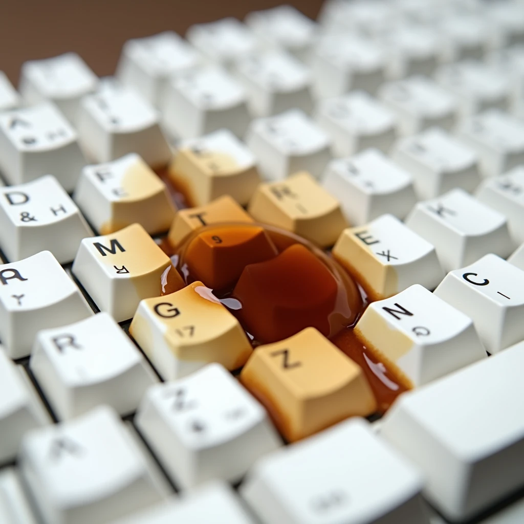 spilled coffee on a white mechanical keyboard, realistic image