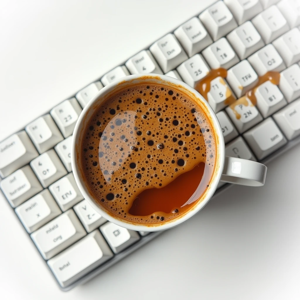 spilled coffee on a white mechanical keyboard, realistic image
