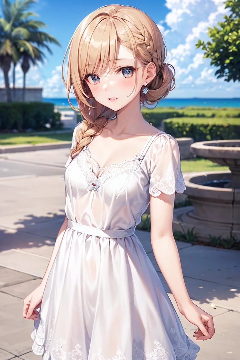 Absurd, Highly detailed lips,Red lip color,Bright colors, Very beautiful and detailed anime faces and eyes, View from the front, ;teeth, Shiny_skin,Age 25, (Casual short-sleeved white dress:1.8),(The pattern of her bra is faintly visible through her dress:1.4),(White bra with navy blue floral sheer lace and floral pattern:1.3) ,(Very small breasts,:1.5),Braided hair up style, Asymmetrical bangs, Shiny Hair, beautiful face, blush,White skin, Valletta, Beautiful Clouds,