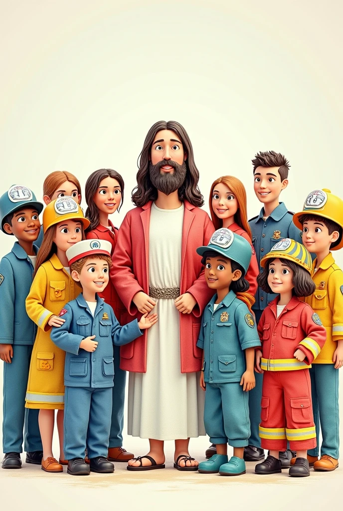 Children&#39;s drawings of soldiers from different military careers ,navy, Military police,army and firefighters next to Jesus in 3d