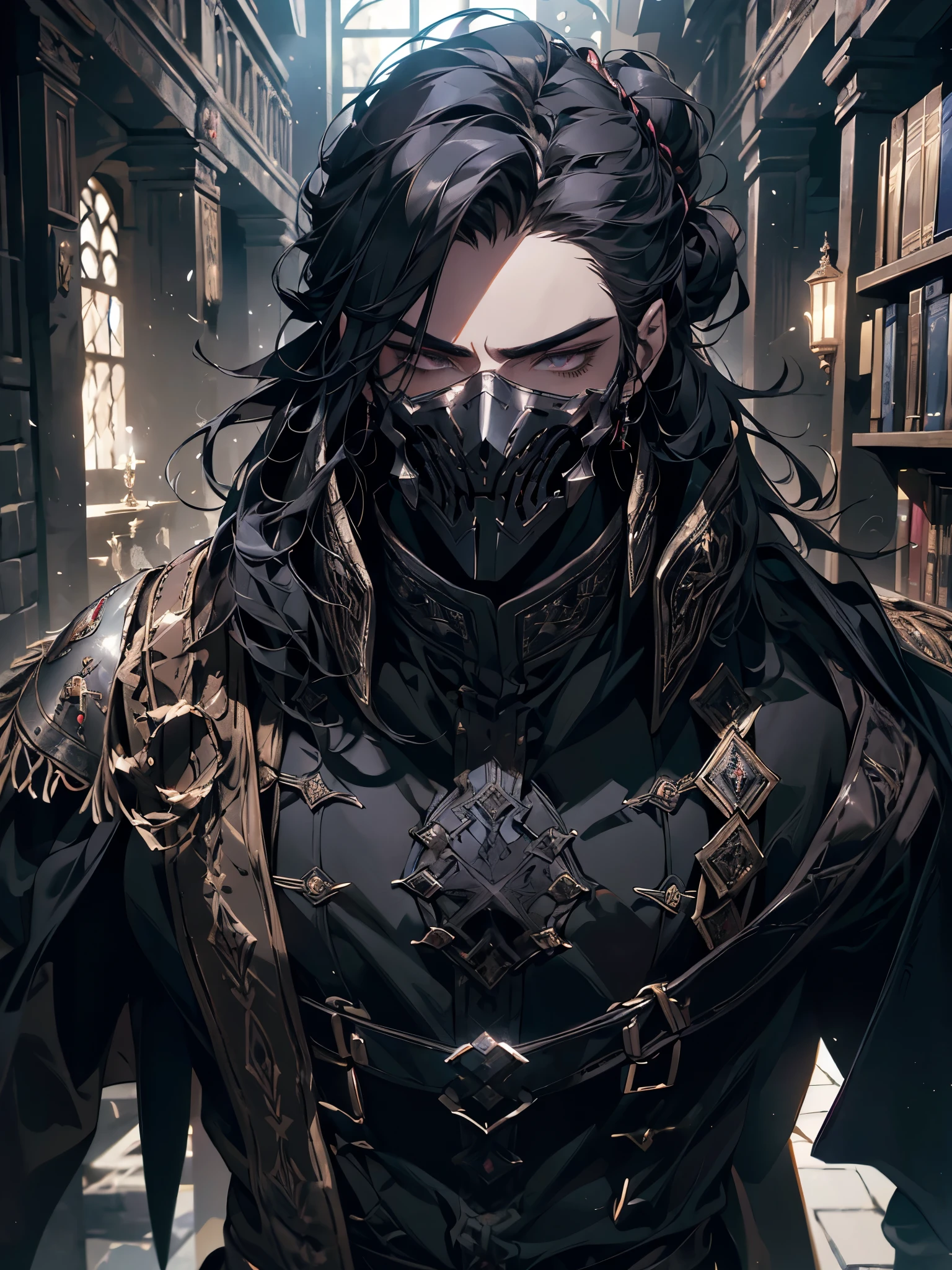 (masterpiece, high quality, cinematic lighting, backlighting, sharp colors)
Tall muscular young man, black hair tied in a bun, dark eyes, compact muscles. Face hidden by a full iron mask, expressionless. Wears medieval robe, leather shirt and pants, armor plates on vital areas. Dark crime scene background, shadowy atmosphere.