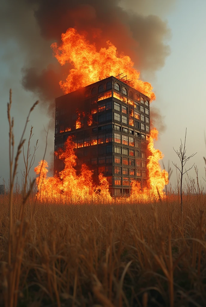 A 20-story building burning in a brown grass on newspaper
