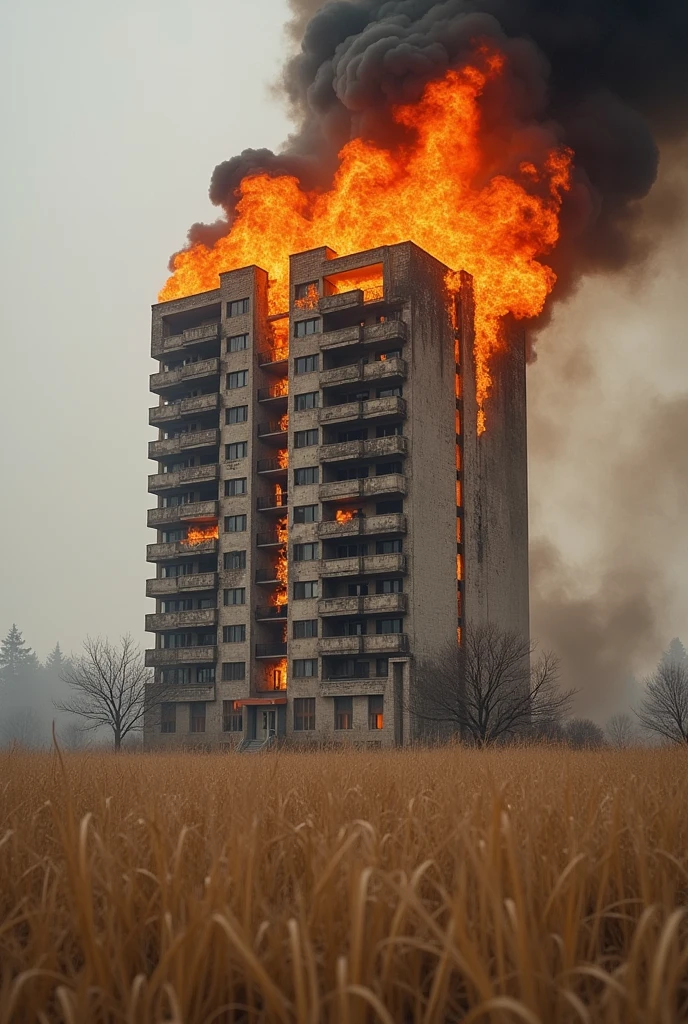 A 20-story building burning in a brown grass on newspaper