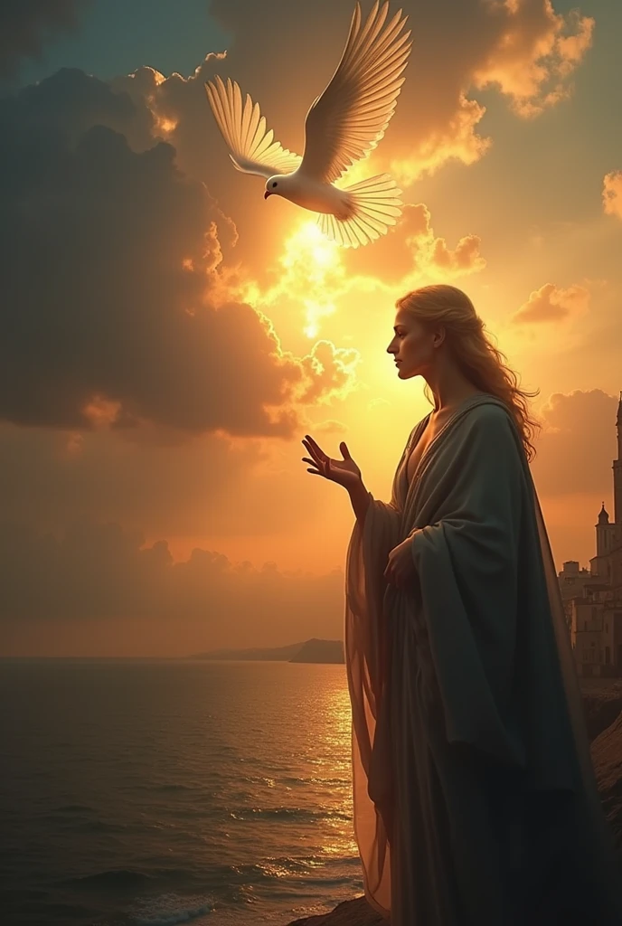 create an image for me, In the sky there is a hand coming out of a cloud and a luminous dove of light and fire that touches with its paws the mouth of the one who has dark blond hair and is covered with a cloak of Our Lady of Graces who is facing the city built on the sea side, with a contrast between sunset and night