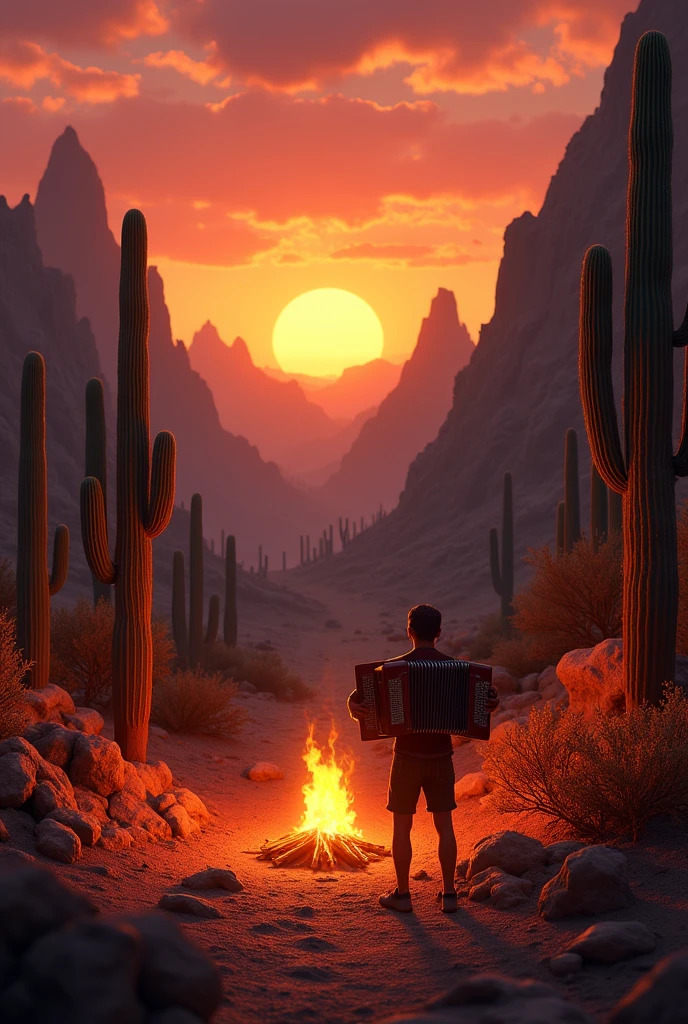 An image of northeastern Brazil with a bonfire, cactus, with orange and brown tones, with an accordion and no other musical instruments, without people