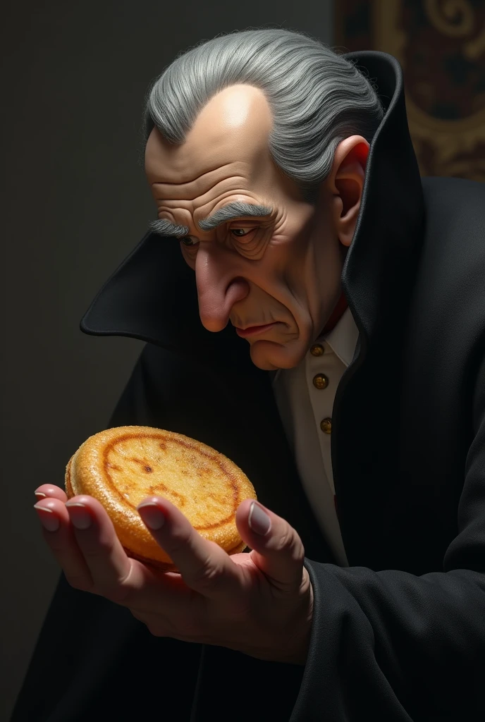 I want the character from the movie Hotel Transylvania, Dracula's father, sad with a Venezuelan arepa in his hand