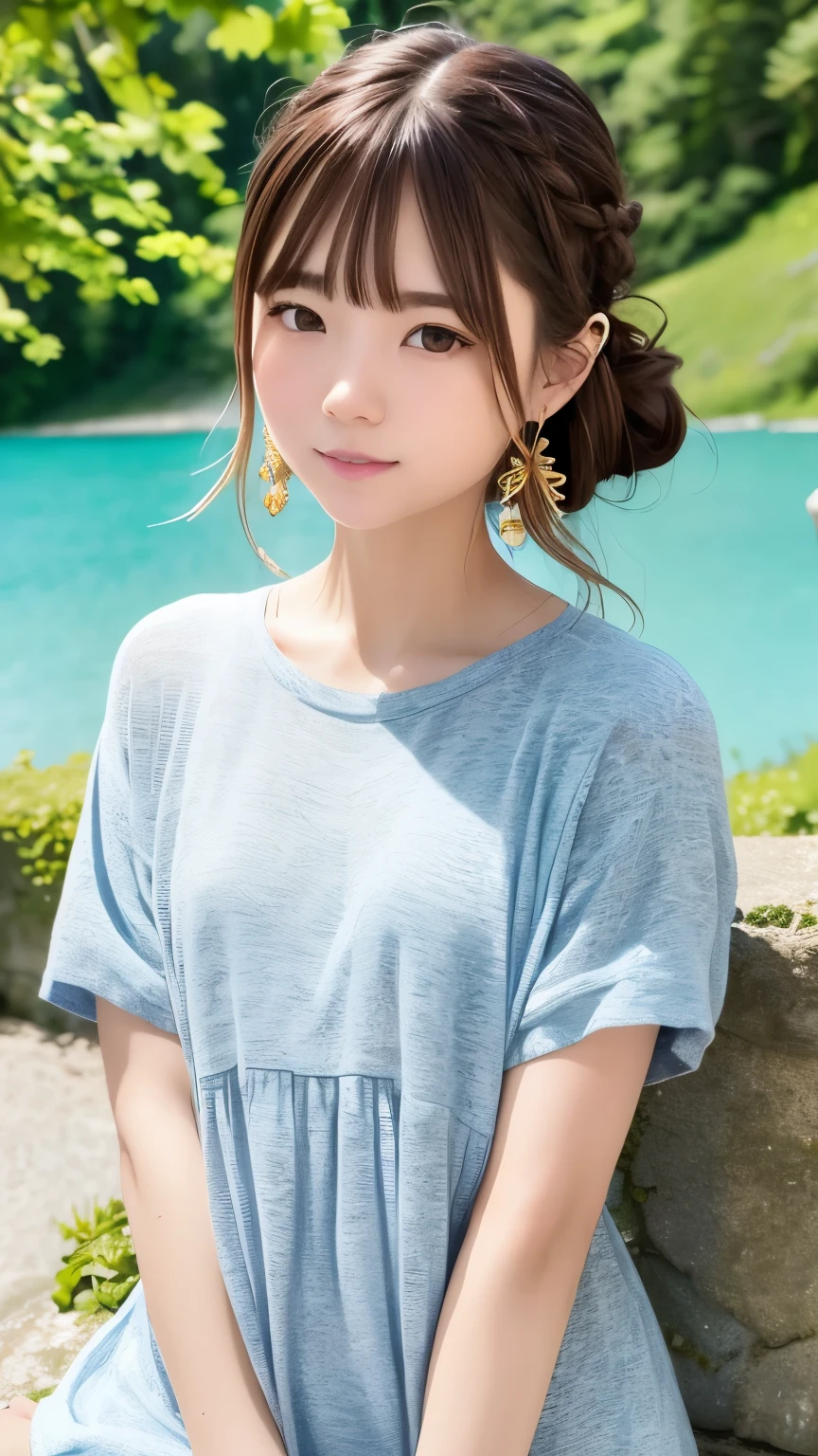 Highest quality、masterpiece、Portrait、Angle above the knee、Cute Japanese Girl, Baby Face、(Brown Hair), ((French Braid)), Perfect Face, An innocent smile, Upper Body,(Grey Eyes), (small), (thin)、((small胸)), ((Only 16))、 Skin Dentition, Extremely detailed, Attractive oval face, Red lips, Red cheeks, Glowing Skin, Fine hair, Face Focus, Gorgeous hair ornament, Gold earrings, Light blue camisole dress、Summer sunshine、Lake Morren, Canada、Beautiful lake、Blue sky