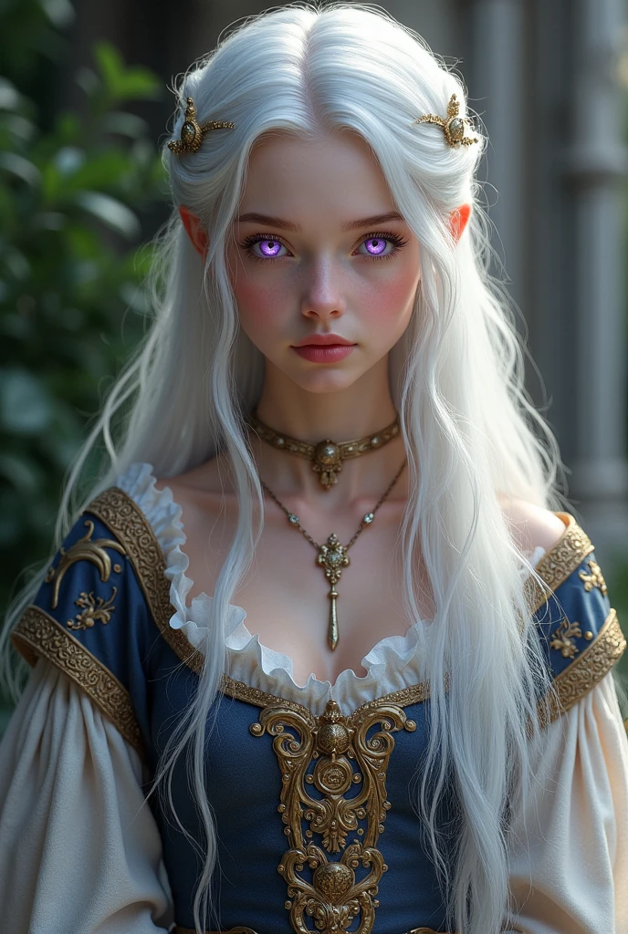 Young woman wearing medieval clothes with white hair and purple eyes