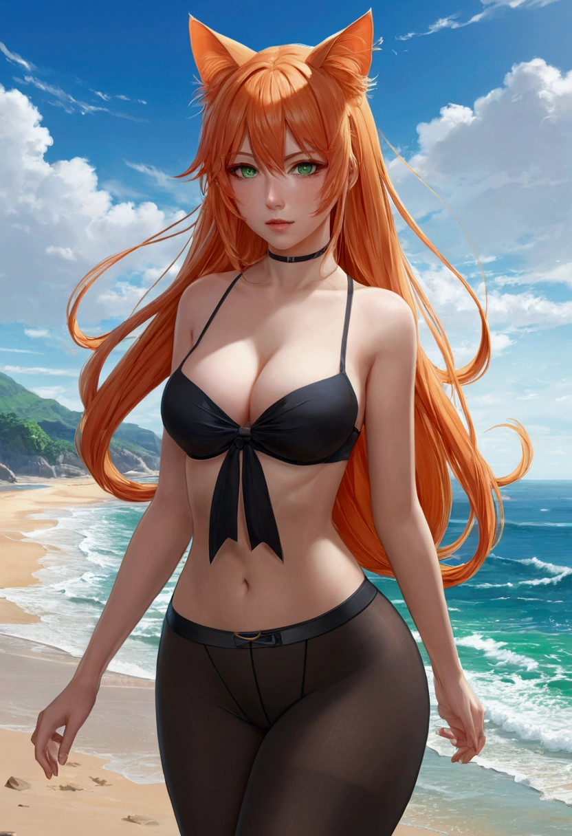anime girl with long orange hair standing on beach near ocean, green eyes detailed digital anime art, cat ears, , anime girl with long hair, smooth anime cg art, anime girl with long hair, average breast size, digital anime art, artwork in the style of guweiz, beautiful anime portrait, photorealistic anime girl render, beautiful anime girl, advanced digital anime art, pantyhose, guweiz on artstation pixiv upscale HD UHD HQ