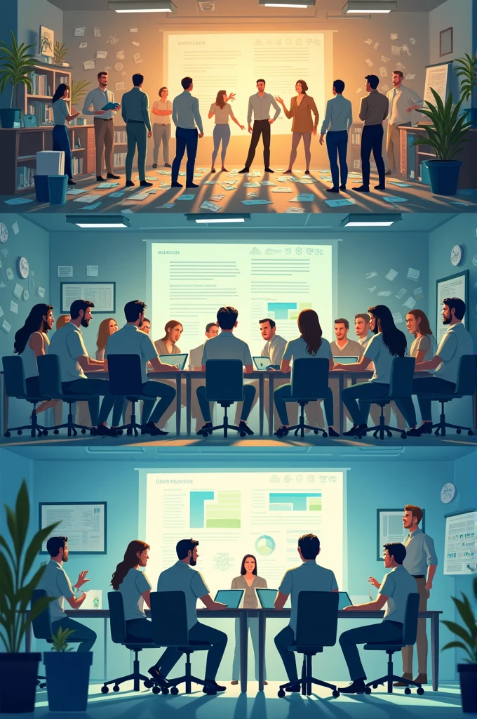 Create an image that represents the before, during and after the team. Here is the description:

before: a disorganized and underperforming team. May include confused people, scattered papers, and lack of effective communication.

during: The team participating in training to improve these issues. Can show people interacting in a training room.

after: The team is super organized and performs well. May include people working together, positive performance charts and a more orderly environment.