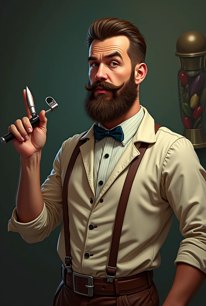 barber with his razor in hand, showing off his distinctive attire. You can include comical or exaggerated details in his expression and barbershop equipment to capture the satirical tone of the story.. Give the barber an expression that combines determination and a pinch of humor.. You may be a little clumsy or nervous., reflecting on his failed assassination attempt.Dress the barber in a typical outfit of the time, like a traditional barber's robe, and adds details like a towel around the client's neck, a classic barbershop tool or utensil.The knife can be a central element. You can make it eye-catching and perhaps a little exaggerated to add a touch of humor.. Make sure it is clearly recognizable as a barber tool, but with a design that attracts attention.Consider the barber's pose, which can be exaggerated or dramatic to emphasize the comic tone. Use colors that reflect the classic atmosphere and add details that denote the era.