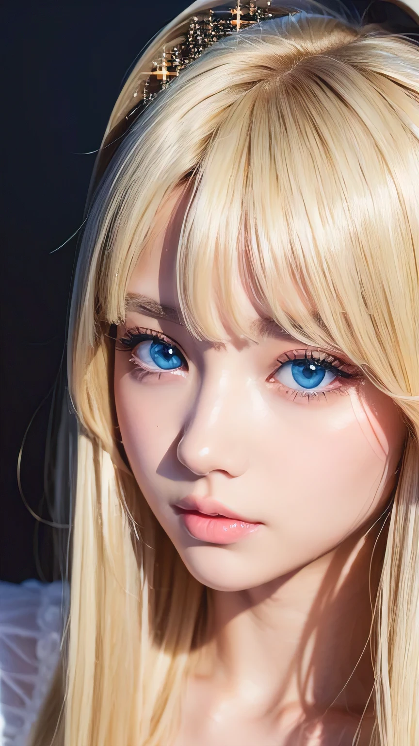 Crystal clear and shiny skin、15 year old cute beautiful face、Very large, beautiful, bright, pale sky blue eyes、Very big eyes、Super long straight hair that shines in the light、Long, silky bangs that cover her cute eyes、Hair that hides sexy features、too long bangs、Sexy and cute young beauty、Super long natural young blonde hair with sparkling highlights Blonde over one eye Blonde over one eye、Blonde hair between the eyes、Cheek gloss highlighter