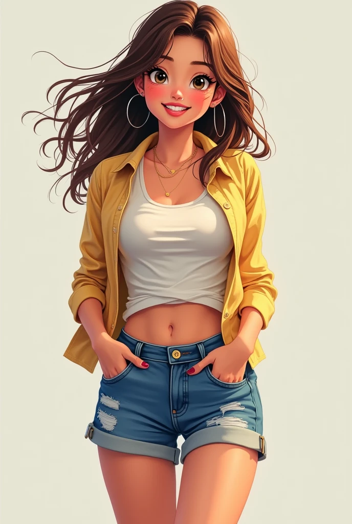 Girl in mini shorts with excited face 



