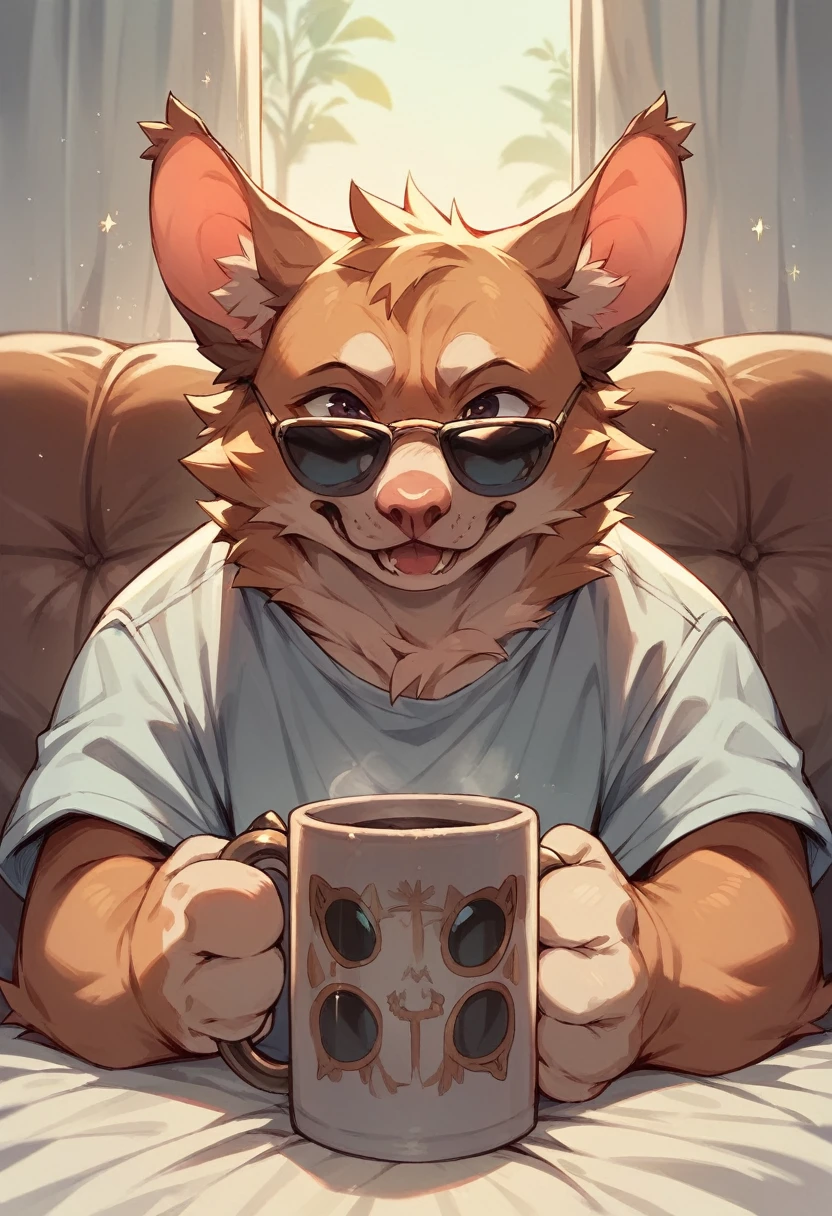 (animal gato) (wearing sunglasses) (inside a mug)
