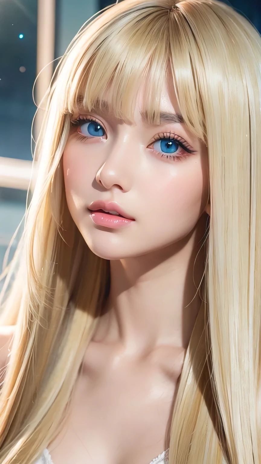 Crystal clear and shiny skin、15 year old cute  beautiful face、Very large, beautiful, bright, pale sky blue eyes、Very big eyes、Super long straight hair that shines in the light、Long, silky bangs that cover her cute eyes、Hair that hides sexy features、too long bangs、Sexy and cute young beauty、Super long natural young blonde hair with sparkling highlights Blonde over one eye Blonde over one eye、Blonde hair between the eyes、Cheek gloss highlighter