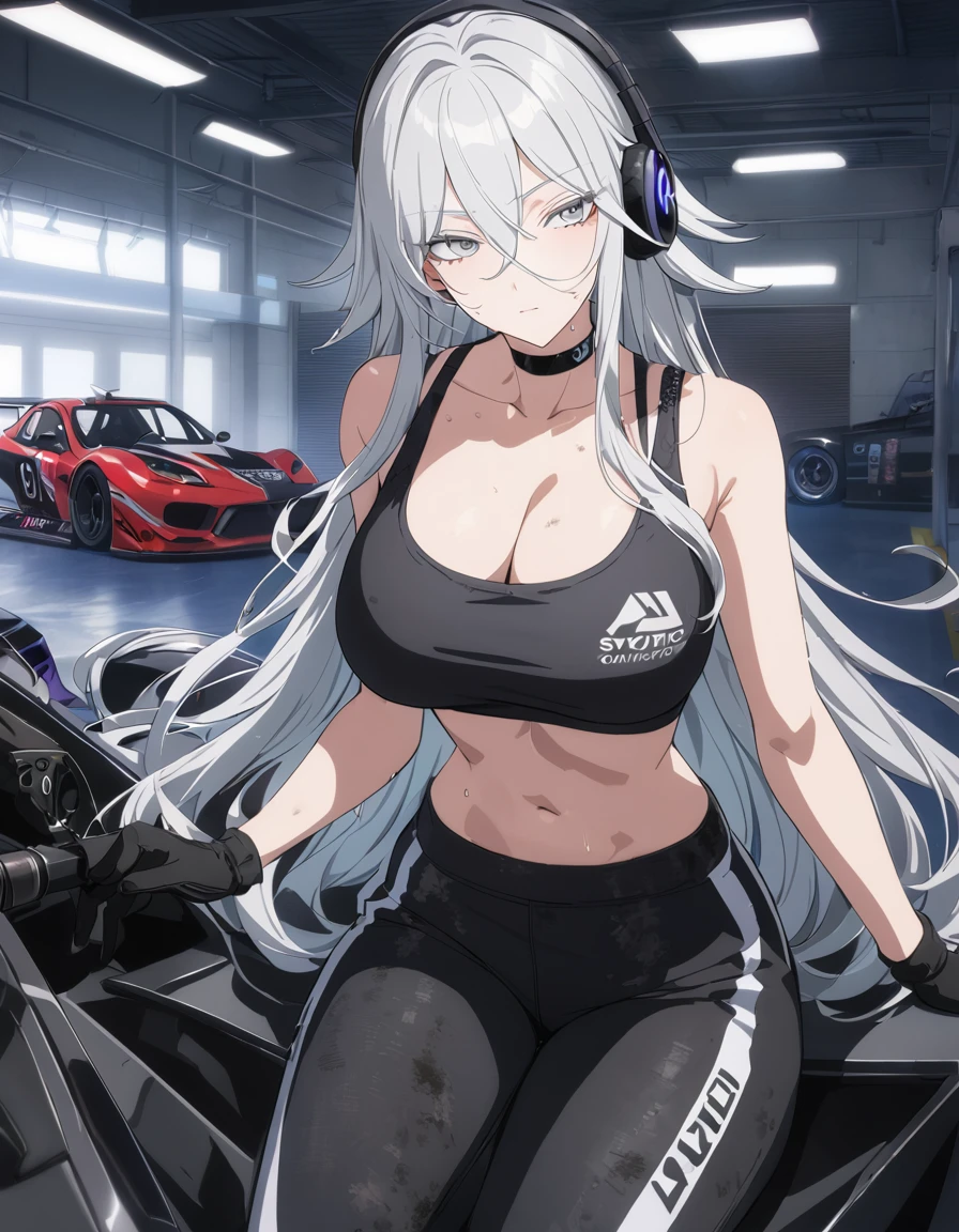 sovetsky_Soyuz, grey hair, long hair, crop top, tank top, black gloves, sponsors, black racing pants, dirty, oil stains, midriff, choker, headphones, music, Cleavage, large breasts, first rate breasts, busty, grey eyes, sharp eyes, Long eyelashes, symmetrical eyes, eye shadow, ominous vibe, expressionless, stoic, relaxing, Ultra quality, UHD, high detail, anime aesthetic, Anime screenshot, Ultra quality, UHD, high detail. Garage, drift cars, race cars, mechanic working, wrench, sweaty