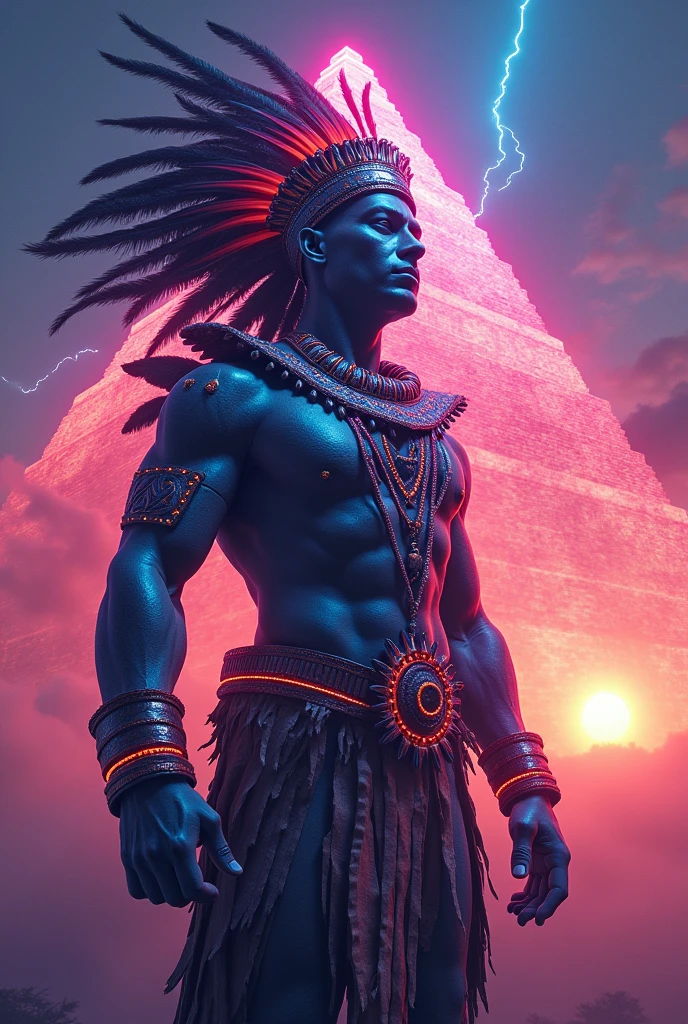 Medium Mayan pyramid inside a Mayan warrior with a neon colored sky