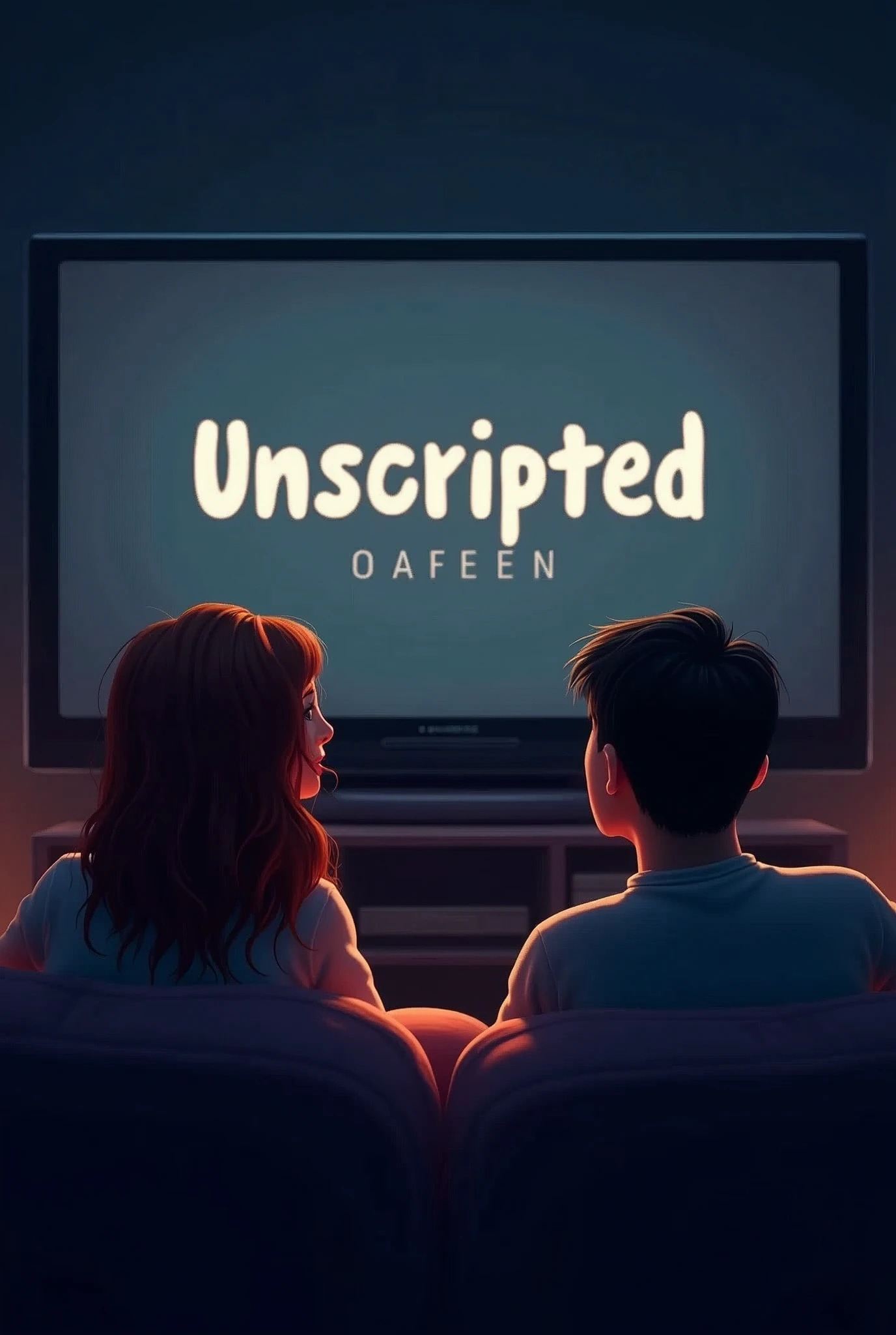 Create an animated style image for a YouTube channel, where two people watch and react to series. On the television put written "Unscripted Screen". With dark lighting.