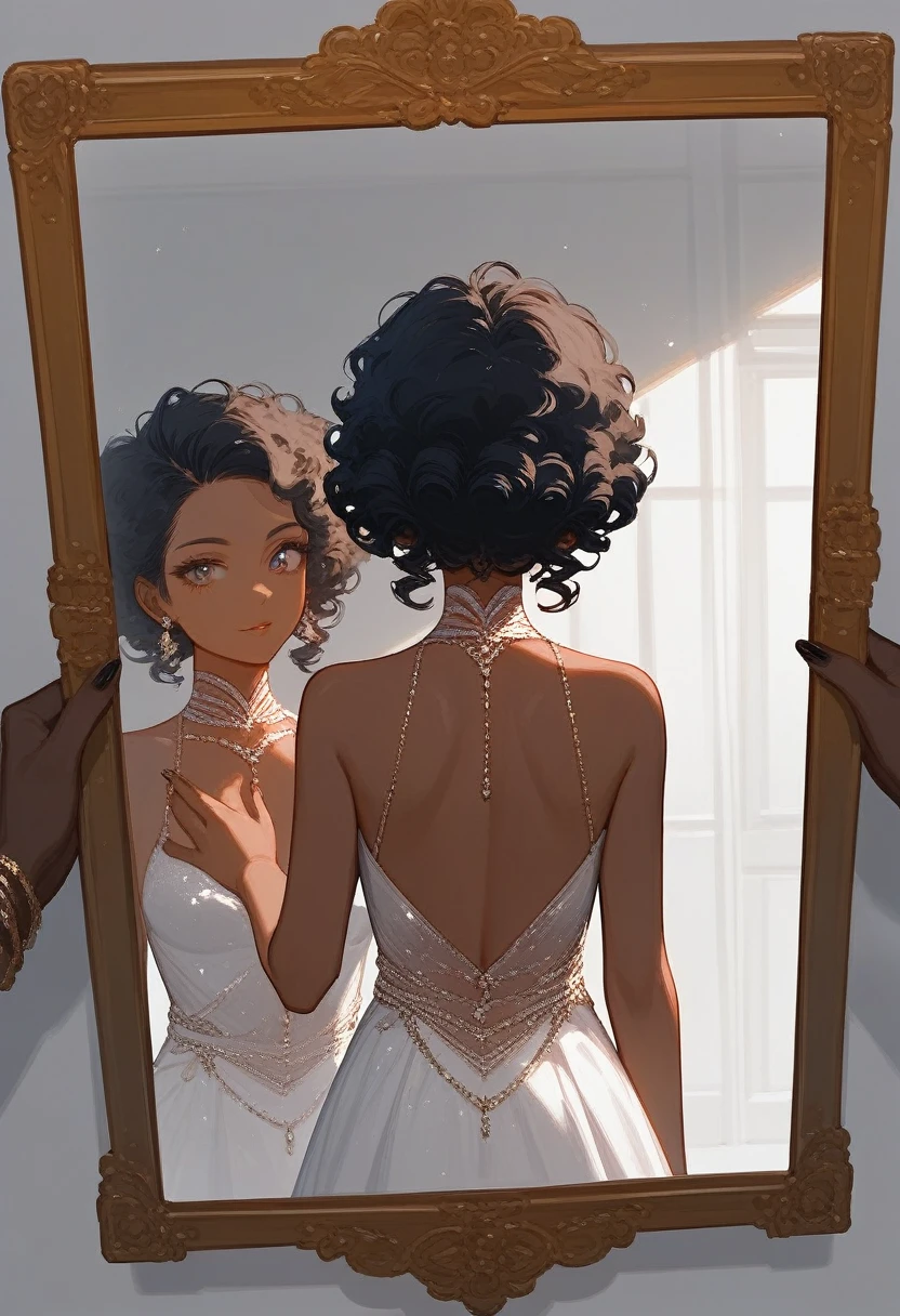 (Fraction_9,Fraction_8_Direction_7_High above),1 a woman with dark skin and curly hair,（（（Bustness）））,A woman in an evening dress、Woman holding a mirror， inspired by Huang Ji,inspired by Zhou Wenjing, Render 8K Character Art，neutral clothing，vidro quebrado，