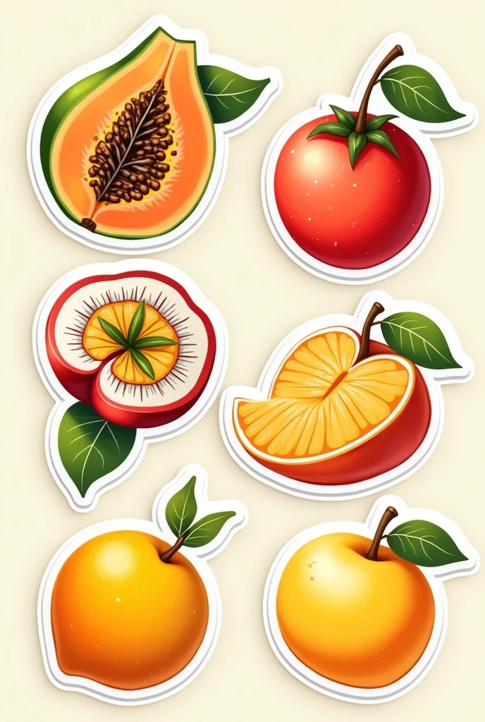 Sticker sheet with papaya, guava, persimmon, passion fruit, mango