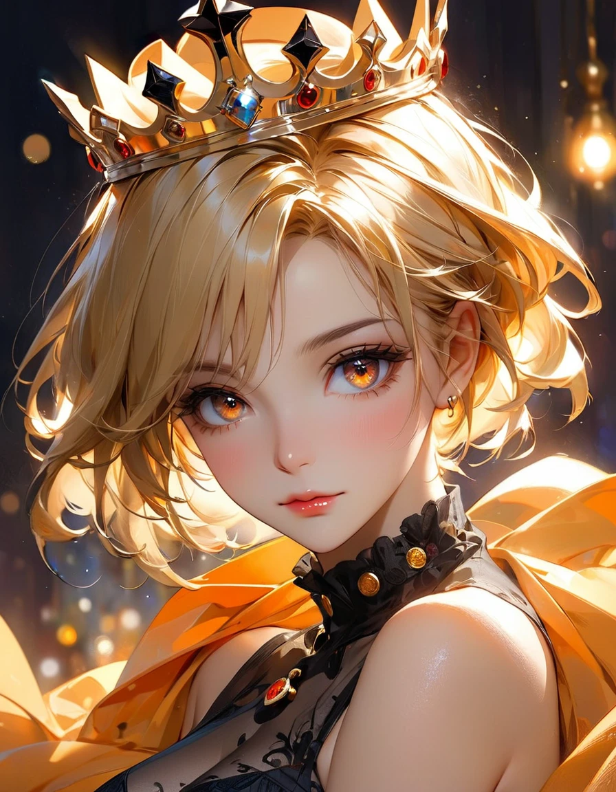 concept art by Pino Daeni, Jeremy Mann, Greg Rutkowski, Konstantin Razumov, Vladimir Volegov Realistic closeup portrait of a model 4k beautiful Arlequina sexy Sensual soft ONLY black diamond eyes orange and gold spirit, red threads, key light reflected in the eyes, red crown on the head, painted background, studio portrait, soft light, bezel lighting, shimmer in the eyes, bokeh background, picturesque, buff painting, (detailed faces:1. 3), (Detailed Eyes:1.3 8K,