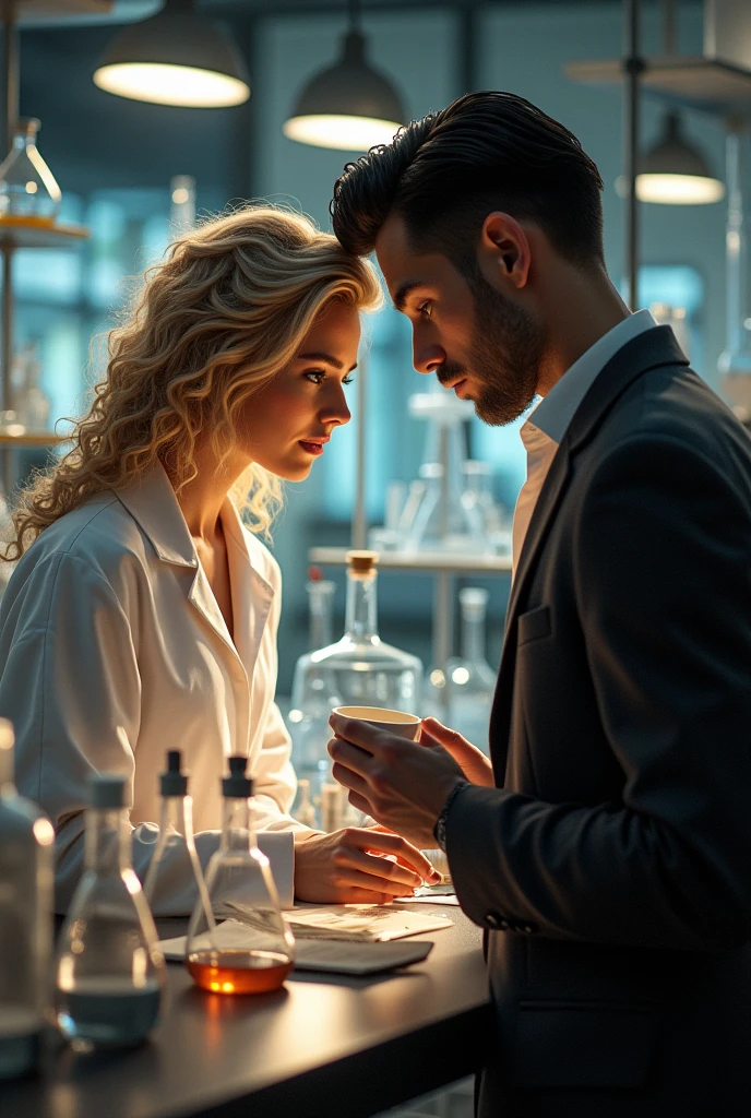 Blonde woman with green eyes and curly hair in a lab coat making a formula in the laboratory while a man in a dark suit with straight black hair watches her in love reading a book and drinking coffee