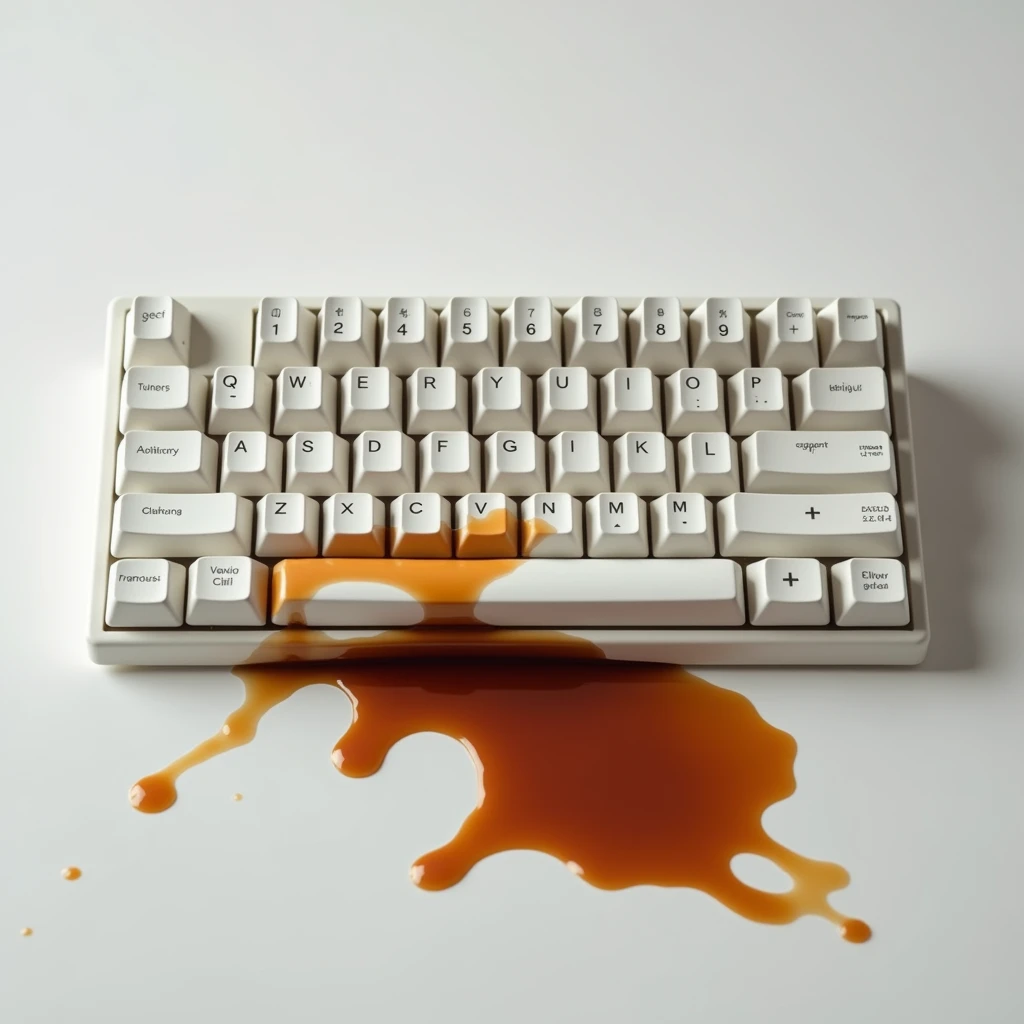 spilled coffee on a white mechanical keyboard, real image as if it were a photograph
