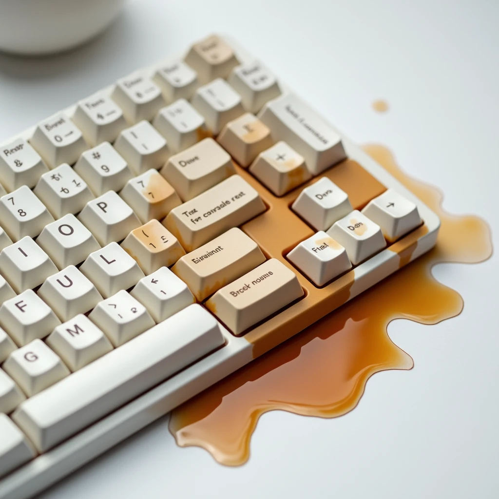 spilled coffee on a white mechanical keyboard, real image as if it were a photograph
