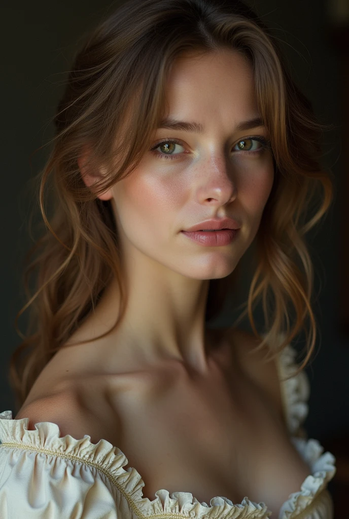 (photorealism:1.2) 32-year-old woman, light brown hair, dark brown eyes, dressed in a war crinoline, pale, slightly red lips