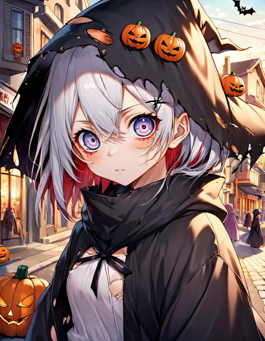 atmosfera sombria dark personagem PAIN d akatsuki de naruto se fosse detailed big round eyes, headshot, side view, in town, trick or treat, rest, torn open, torn open, No Halloween,