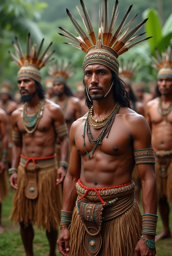 they wear skirts made of vegetable fibers, adorned with decorative details, and they also wear necklaces, Bracelets and other meaningful ornaments. The capirans, ceremonial leaders, They wear a distinctive cap of fine feathers and other artistically woven clothing on the  and waist..