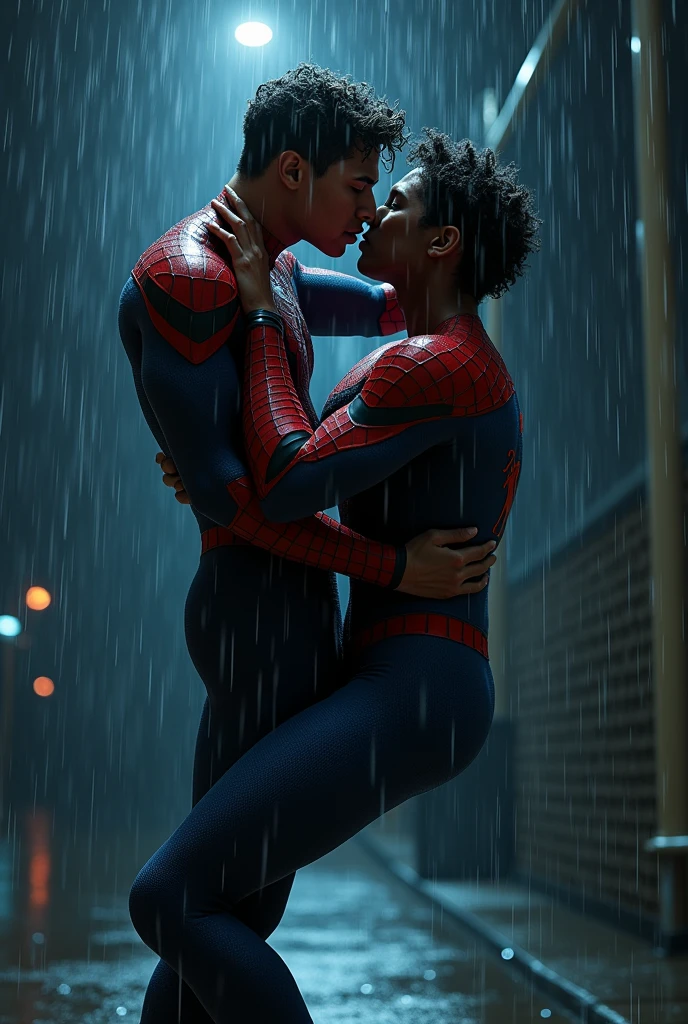 A gay Spider man upside down at night kissing a black 18yo guy in the rain. We can't see their faces