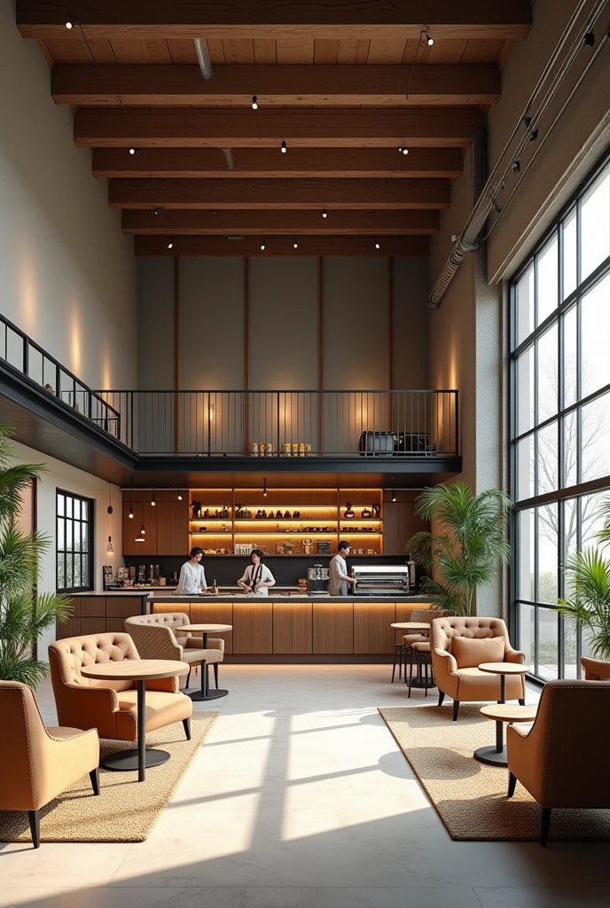 Give me a picture of a coffee shop in a large garage with neutral colors like brown, beige, white, Light coffee 