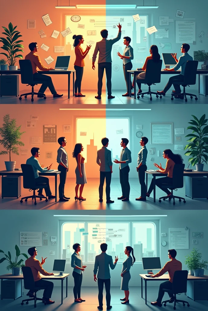 Create an image that represents the before, during and after the team. Here is the description:

before: a disorganized and underperforming team. May include confused people, scattered papers, and lack of effective communication.

during: The team participating in training to improve these issues. Can show people interacting in a training room.

after: The team is super organized and performs well. May include people working together, positive performance charts and a more orderly environment.