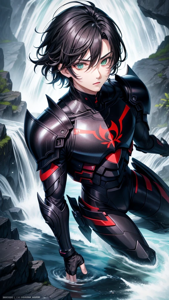アニメ, {{boy}} de 18 anos, {Perfect and detailed face},[perfect nose], {Bblack hair}, {[well detailed green eyes]},{asymmetrical eyes}, {visible lips}, {[(full body 5.0)]}, {hyper detailed full black and red armor}, {walking in a waterfall}{8k image}, {128k ultra resolution}, {ultra quality 128k}, {128k high quality sharpness} 