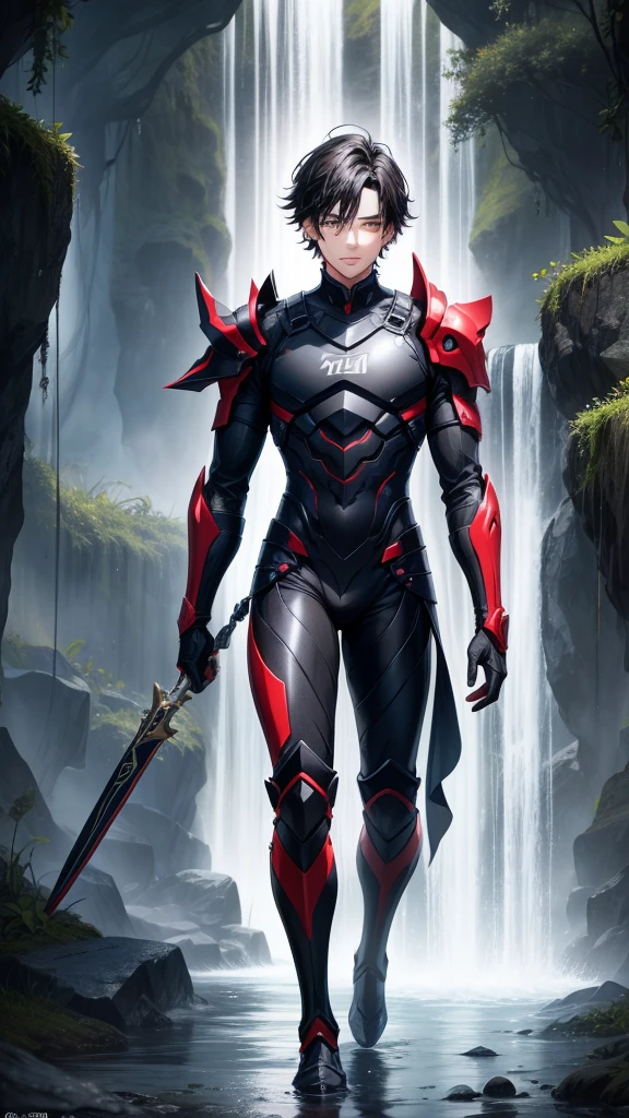 アニメ, {{boy}} de 18 anos, {Perfect and detailed face},[perfect nose], {Bblack hair}, {[well detailed green eyes]},{asymmetrical eyes}, {visible lips}, {[(full body 5.0)]}, {hyper detailed full black and red armor}, {walking in a waterfall}{8k image}, {128k ultra resolution}, {ultra quality 128k}, {128k high quality sharpness} 