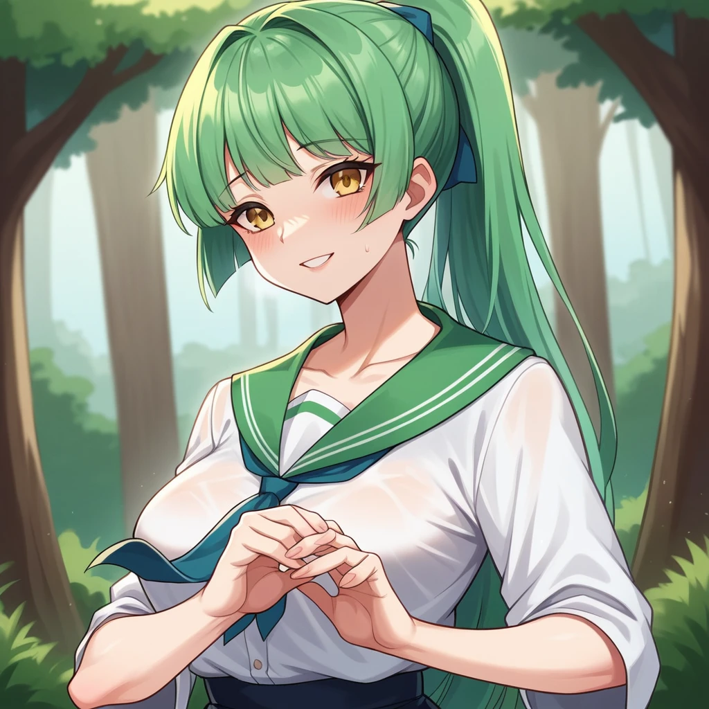 (Mountain Explorer style) (double exposure pastel color), (hand holding a detailed ecstasy brown Maitake mushroom), Smell the scent it, (solo:2, 15 yo) (beautiful ponytail) (beautiful pastel green hair long hair) (beautiful sexy girl) (detailed cute yellow eyes) (best smile, glossy lip) (medium tits), in a summer Speculator uniform, break, in the beautiful Pine forest, BREAK, perfect anatomy, masterpiece, best quality, 16k, beautiful detailed grow, daydreaming expression.
