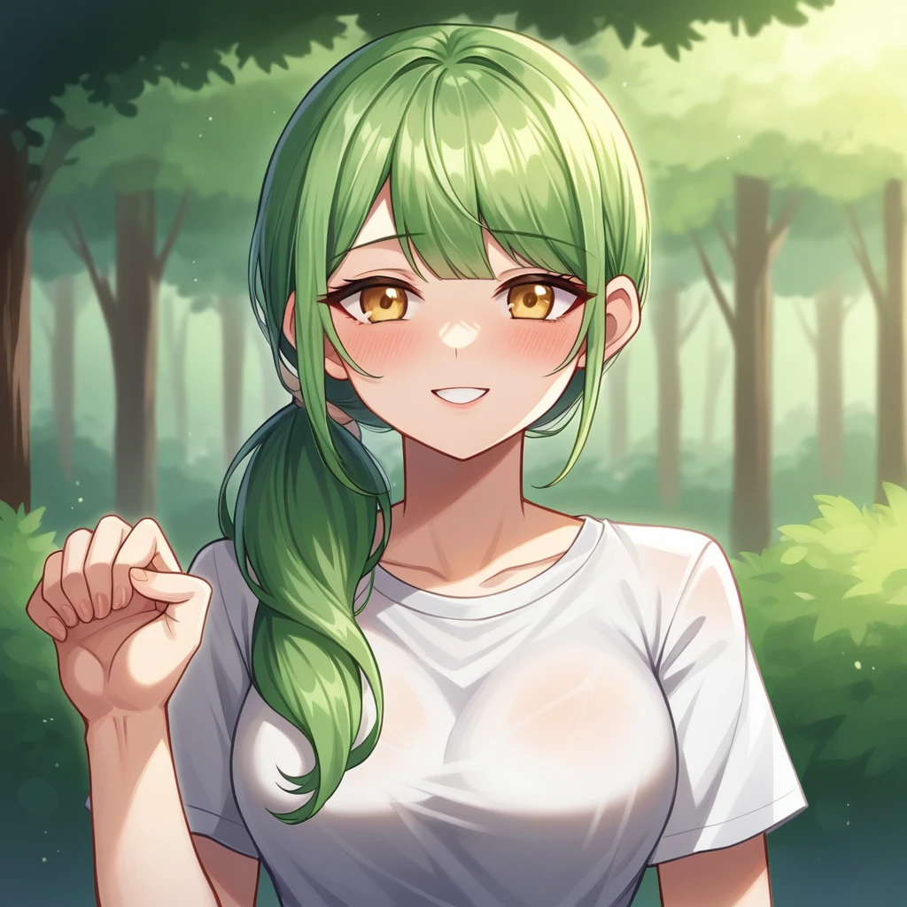 (Mountain Explorer style) (double exposure pastel color), (hand holding a detailed ecstasy brown Maitake mushroom), Smell the scent it, (solo:2, 15 yo) (beautiful ponytail) (beautiful pastel green hair long hair) (beautiful sexy girl) (detailed cute yellow eyes) (best smile, glossy lip) (medium tits), in a summer Speculator uniform, break, in the beautiful Pine forest, BREAK, perfect anatomy, masterpiece, best quality, 16k, beautiful detailed grow, daydreaming expression.