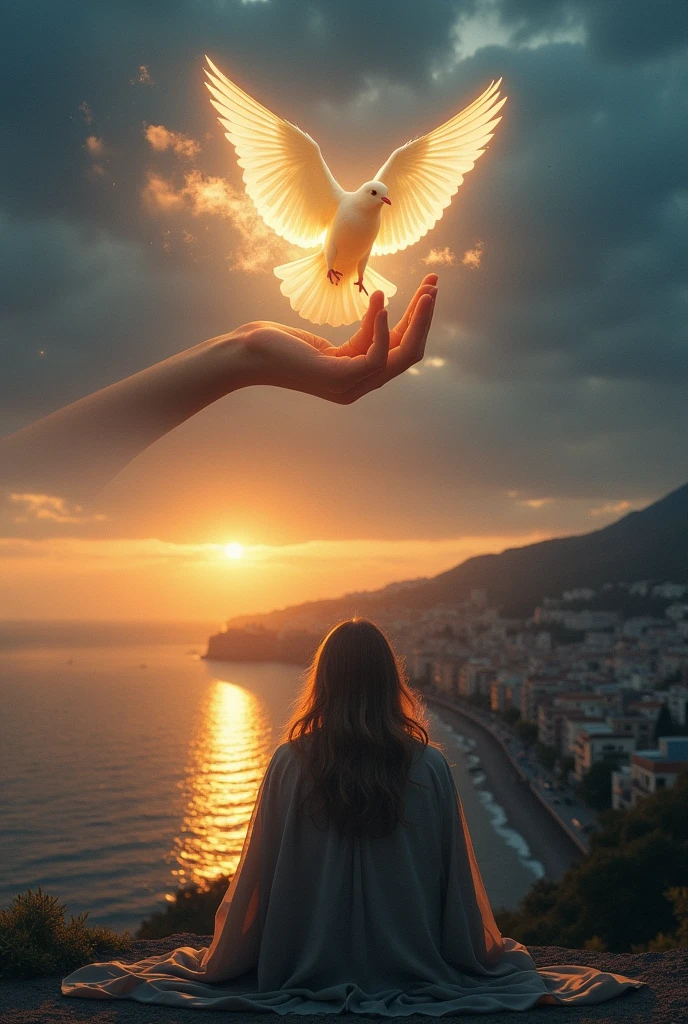 create an image for me, In the sky there is a hand coming out of a cloud and a luminous dove of light and fire that touches with its paws the mouth of the one who has dark blond hair and is covered with a cloak of Our Lady of Graces and is sitting facing the city built on the sea side., with a contrast between sunset and night