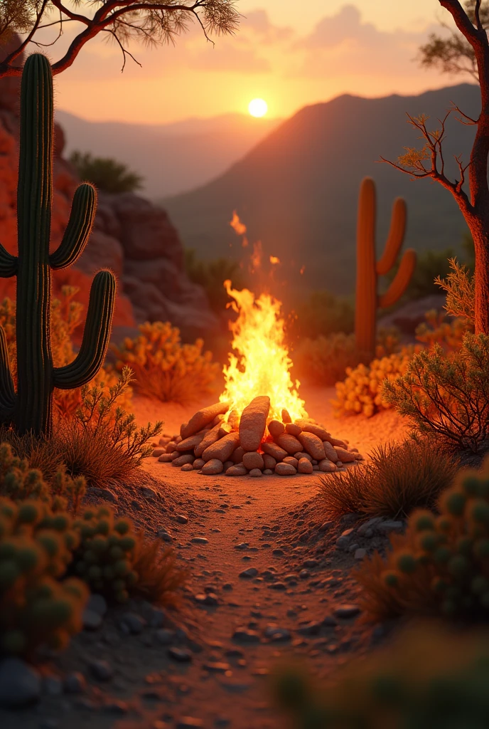 An image of northeastern Brazil with a bonfire, cactus and vegetation of the region, with orange and brown tones, without people