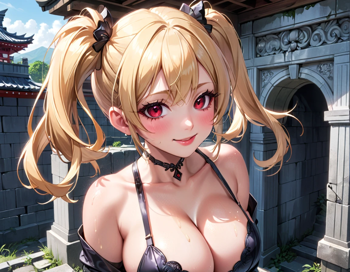 ((masterpiece, high quality, best quality, highly detailed, absurdres)), 1girl, (eyeshadow, eyelashes, eyeliner, glossy lips, full lips), (twintails:1.2), blonde hair, red eyes, smiling, upper body, cleavage, large breasts, hairy armpit, old abandoned tomb in japan