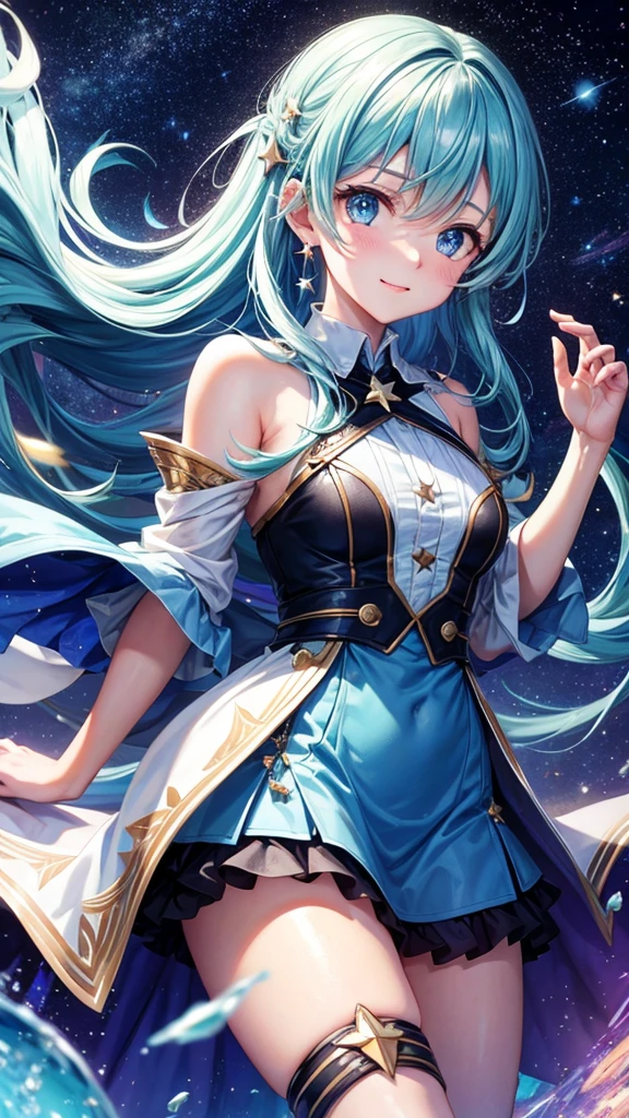 Create an anime-style illustration of a 17-year-old girl named Shizuka. She has long, straight, blue hair with bangs cut straight across her forehead. She has large, almond-shaped silver-blue eyes and porcelain-like white skin. Shizuka often wears glasses.(Highest quality:1.4), (super high quality), (Very detailed)Glowing starry sky、Floating in space like a purple gradient、milky way、Super big breasts、High leg combat costume、Emphasize the chest、High leg、High and small nose、Long Hair、Glasses