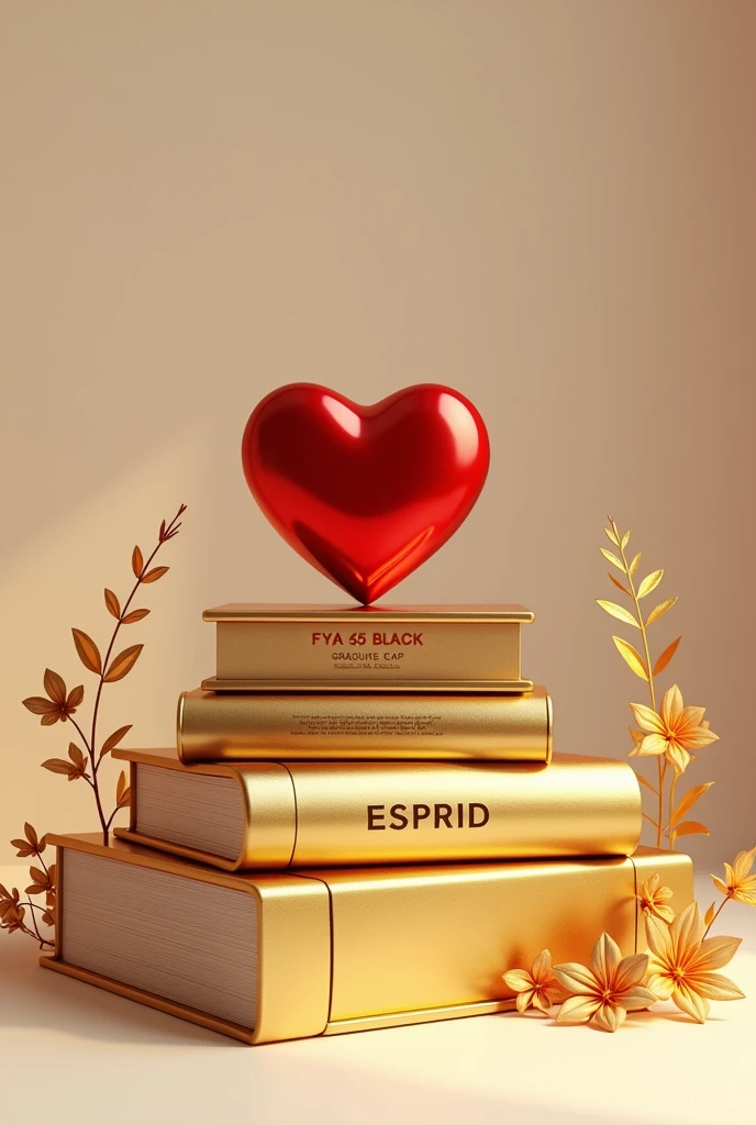 Make me a picture of three horizontal gold-colored books with a cap on top of them and that has a red heart inside it and on its sides golden flowers in the large book that says ESPRID and above in the medium book the word FYA 45 BLACK GRADUATE CAP ABOVE THE HEART