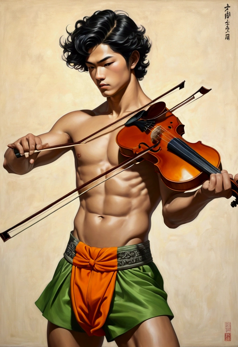Ultra detailed illustration, ((oil painting a young man in Roberto Ferri style, fullcolor, Latino, slim toned fitness body, defined muscles, perfect anatomy, short black wavy hair, Roman nose, thin lips, square chin, diamond shaped face, barefoot, shirtless, wearing orange and green shorts, standing playing the violin) (black and white japanese traditional painting style background, you can see Senso-ji temple in japan ), evokes masculine beauty and art.