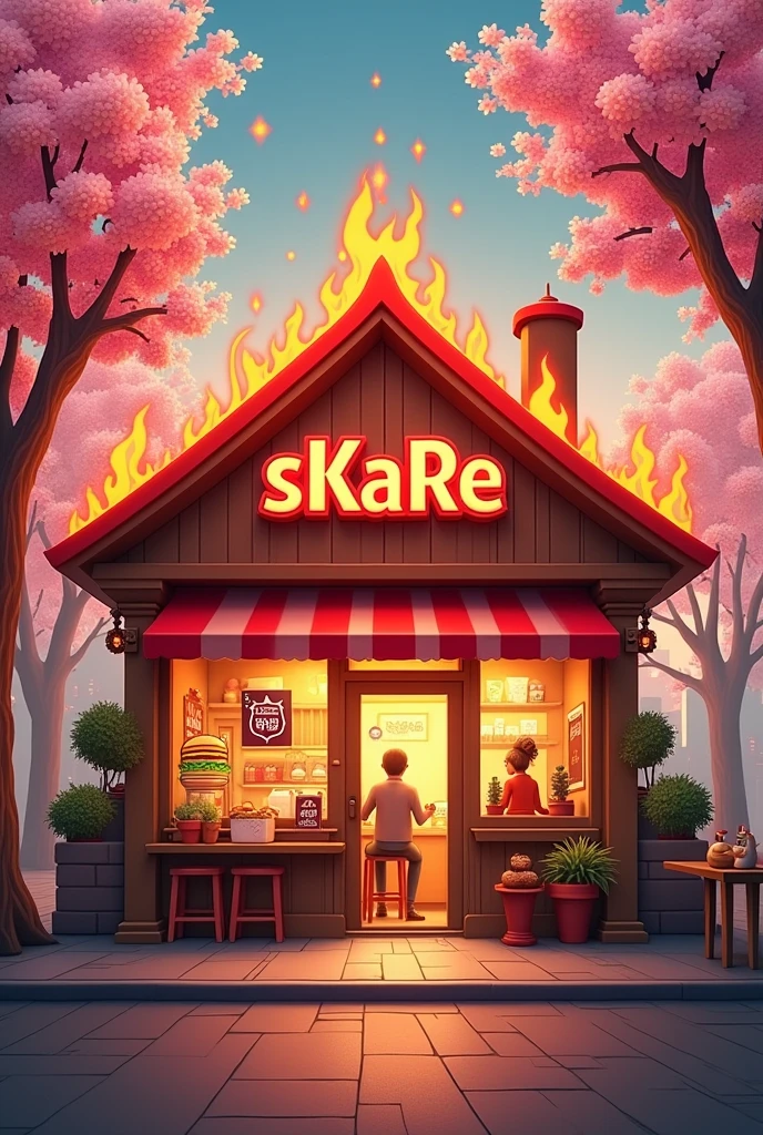 Fast food logo with the name sKaRe with a hamburger, soda, Chicken, inside a burning house on a street full of cherry blossom trees with customers eating burgers 