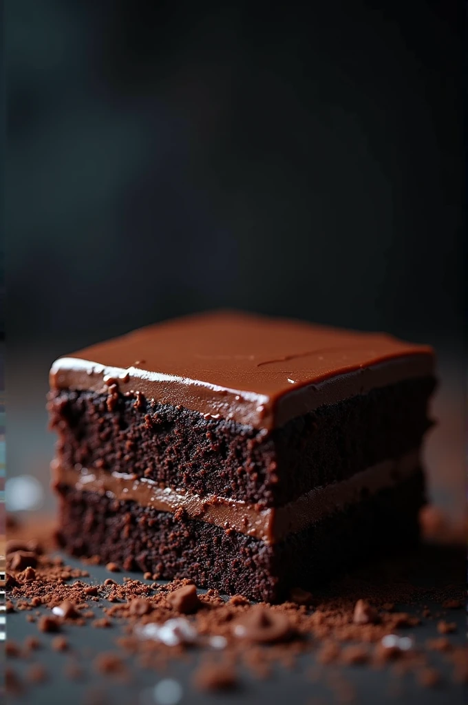 cinematic film still chocolate, chocolate cake, dark background, quality photo, moist texture, frosting, studio photo, slice . shallow depth of field, vignette, highly detailed, high budget, bokeh, cinemascope, moody, epic, gorgeous, film grain, grainy