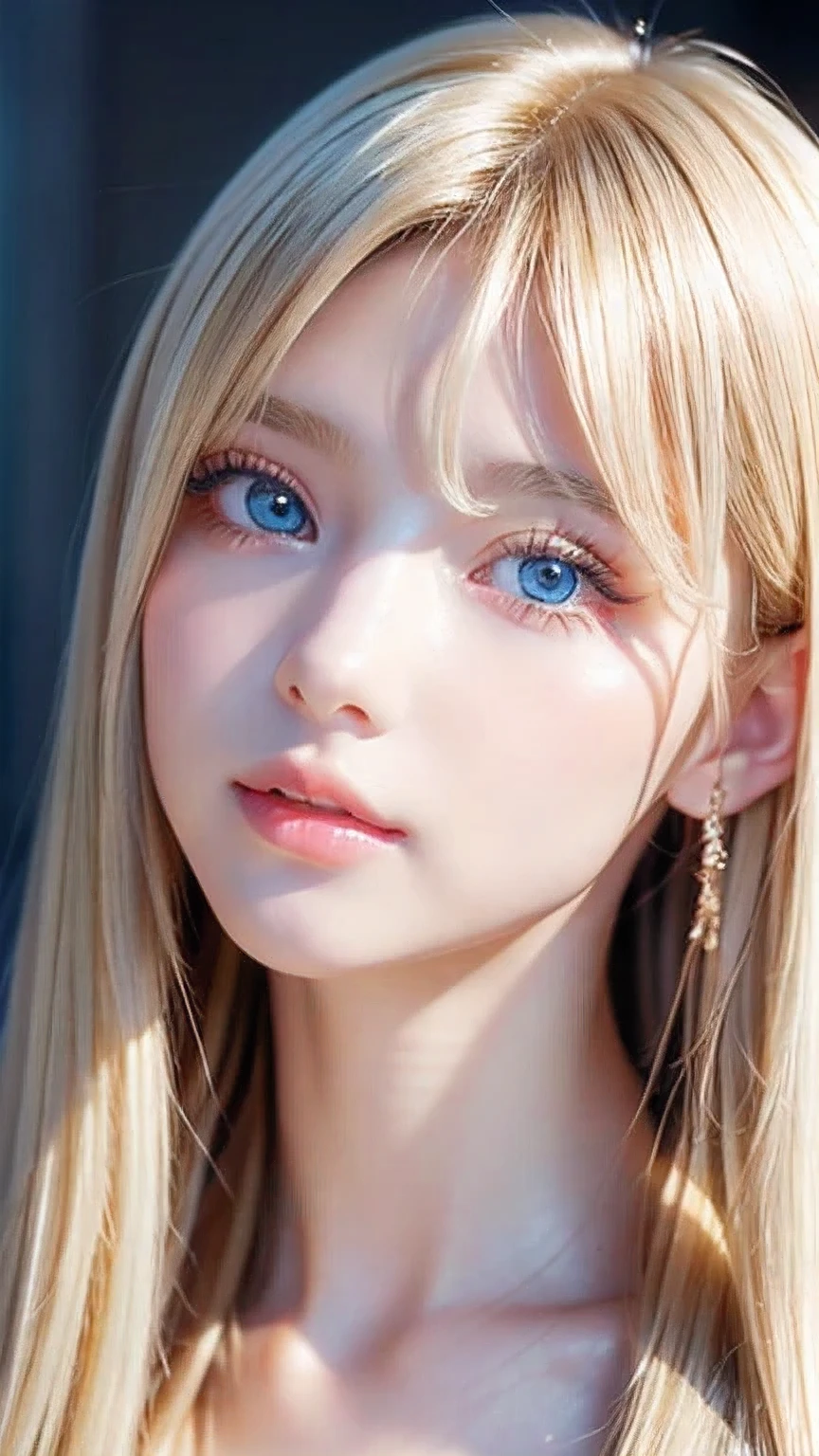 Crystal clear and shiny skin、15 year old cute beautiful face、Very large, beautiful, bright, pale sky blue eyes、Very big eyes、Super long straight hair that shines in the light、Long, silky bangs that cover her cute eyes、Hair that hides sexy features、too long bangs、Sexy and cute young beauty、Super long natural young blonde hair with sparkling highlights Blonde over one eye Blonde over one eye、Blonde hair between the eyes、Cheek gloss highlighter