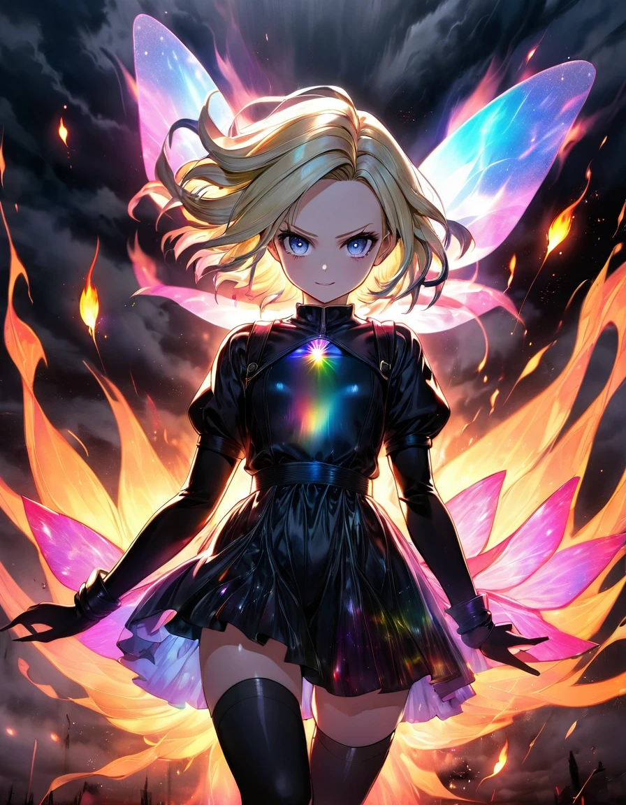 A glowing dark girl android 18 dbz fluttering between bright dark flames and iridescent vagalumes under a terrifyingly dark and gloomy sky. [Image of a glowing fairy between black fog and iridescent lights]