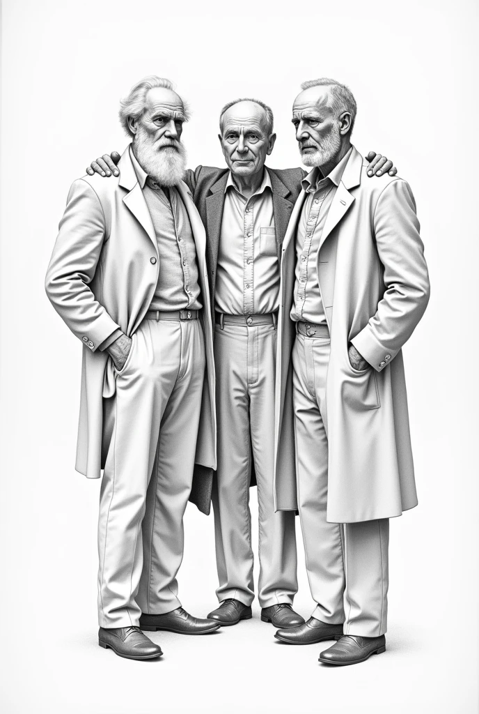 draw a picture of darwin, lamark and wallace together, pencil draw, supported by the shoulder, simpler, not so realistic 