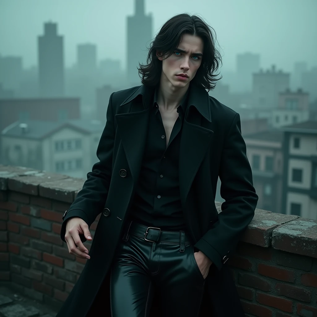 A sexy young male with teal blue eyes and long black hair, with a nice and delicate facial features, he is wearing a black trench coat and shiny black leather jeans. His skin is pale and white, and he's smoking a cigarette while leaning back on the edge of the rooftop. He is looking unhappy. (Male) (Black and purple) (Make it realistic) ((no facial hair)) ((no body hair)) ((gloomy atmosphere)) (smoky atmosphere)) ((masterpiece)) (gloomy) ((detailed)) ((not looking at the camera)) (((NO facial hair or body hair)) (He looks like he's about to jump)